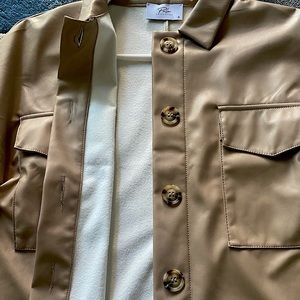 Mens Beige Solid Color Chest Pockets Turn Down Collar Long Sleeve Shirt- S